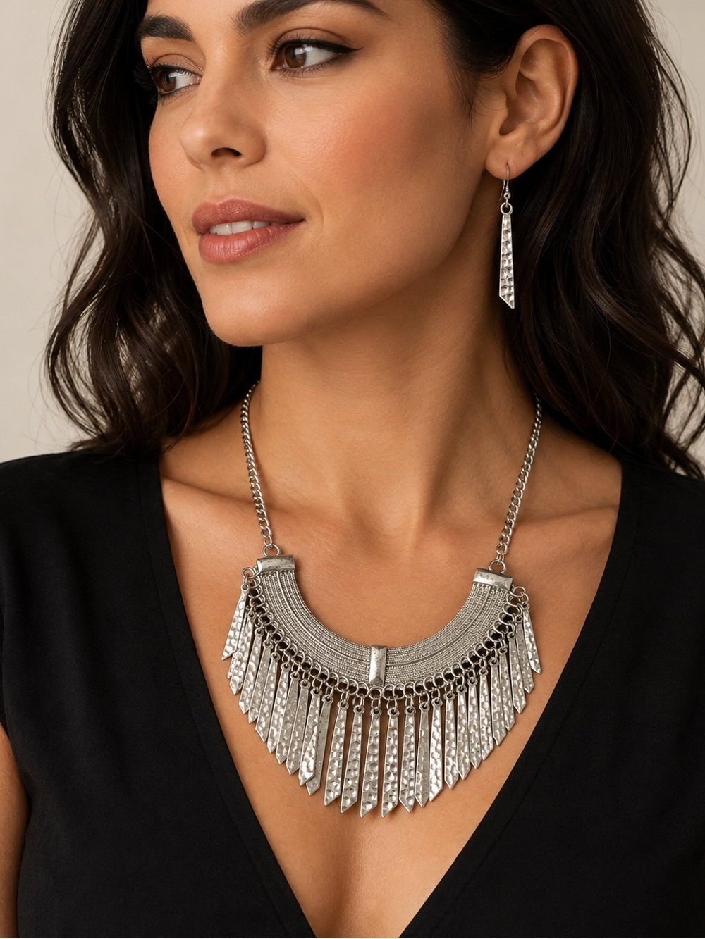 Silver Statement Bib Necklace Hammered Fringe Earrings Boho Tribal Jewelry Set
